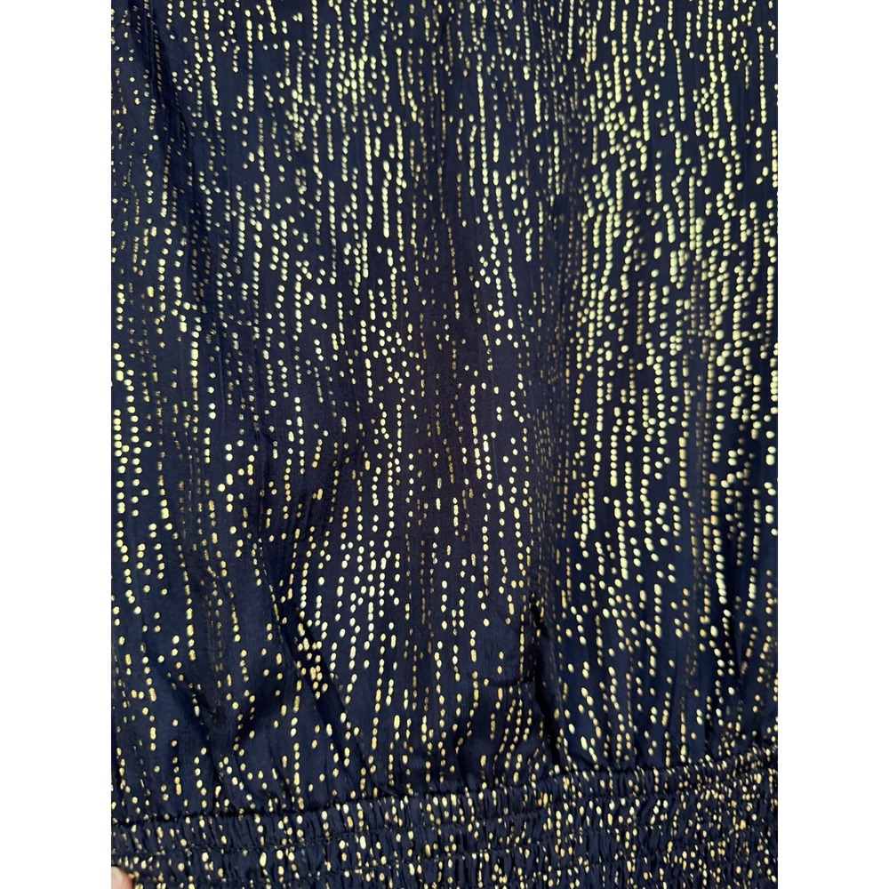 Aqua Metallic Puff Sleeve Mini Dress Small Navy Blue Gold Dot NYE Smocked - Picture 7 of 8